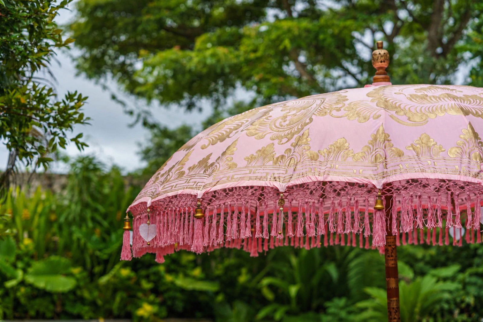Imperial Blush Bali umbrella · Soft rose-pink · fine scrollwork